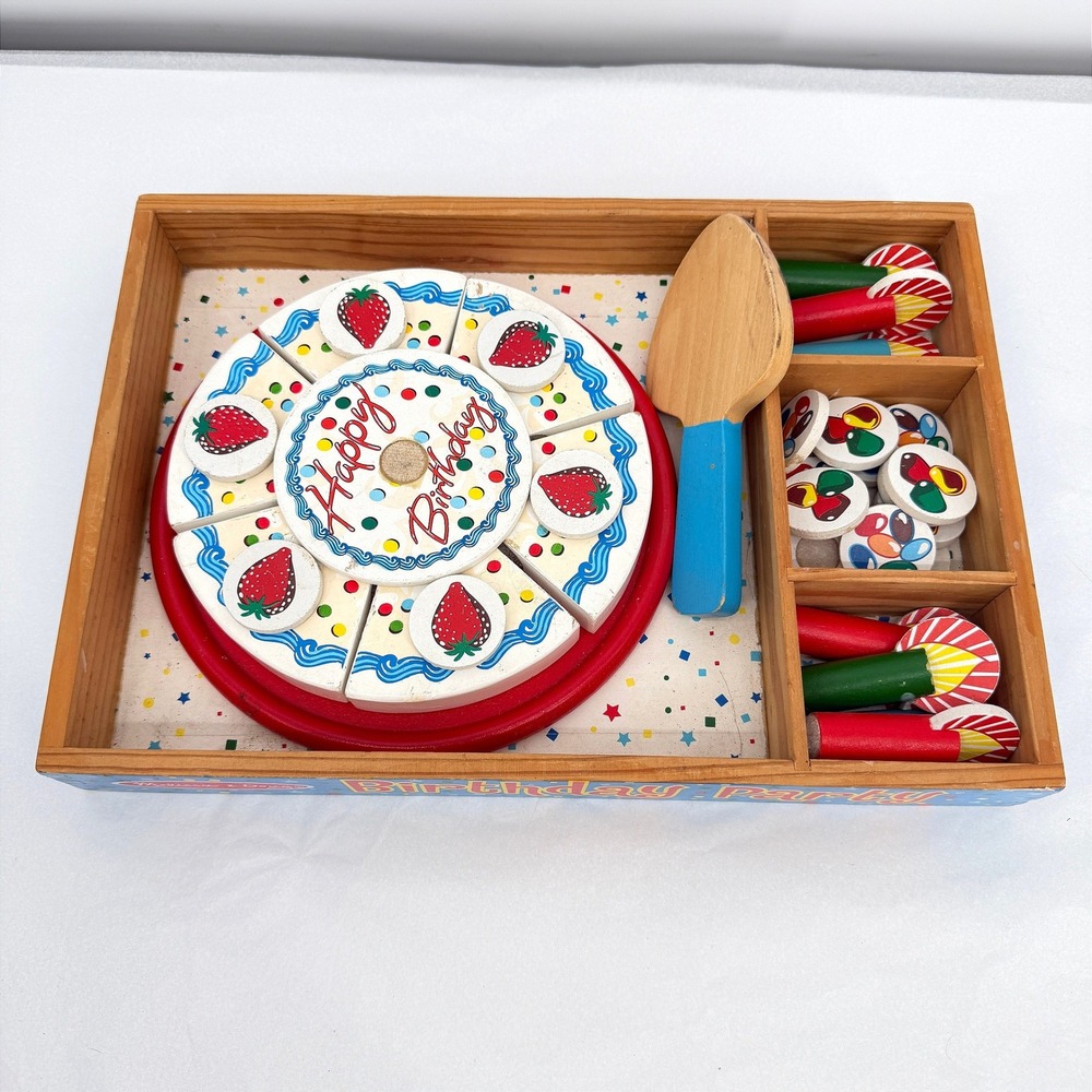 Melissa & Doug Wooden Birthday Party Cake Pretend Play Set Food &‎ Toppings